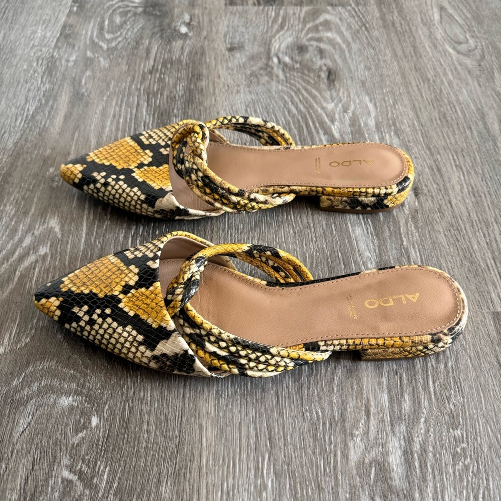 Aldo Yellow and Black Snake Print Mules